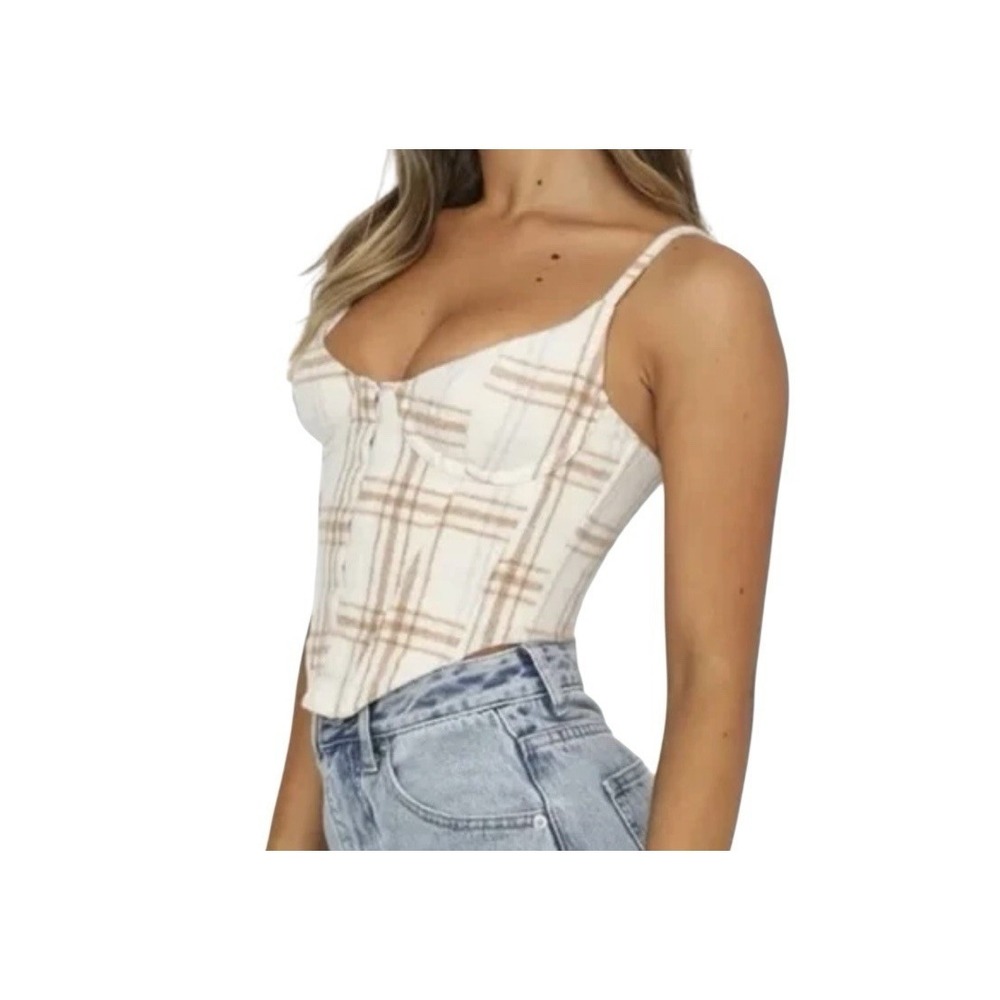 White Fox Bustier Corset Top Womens Small Plaid Academy Festival Crop Minimalist